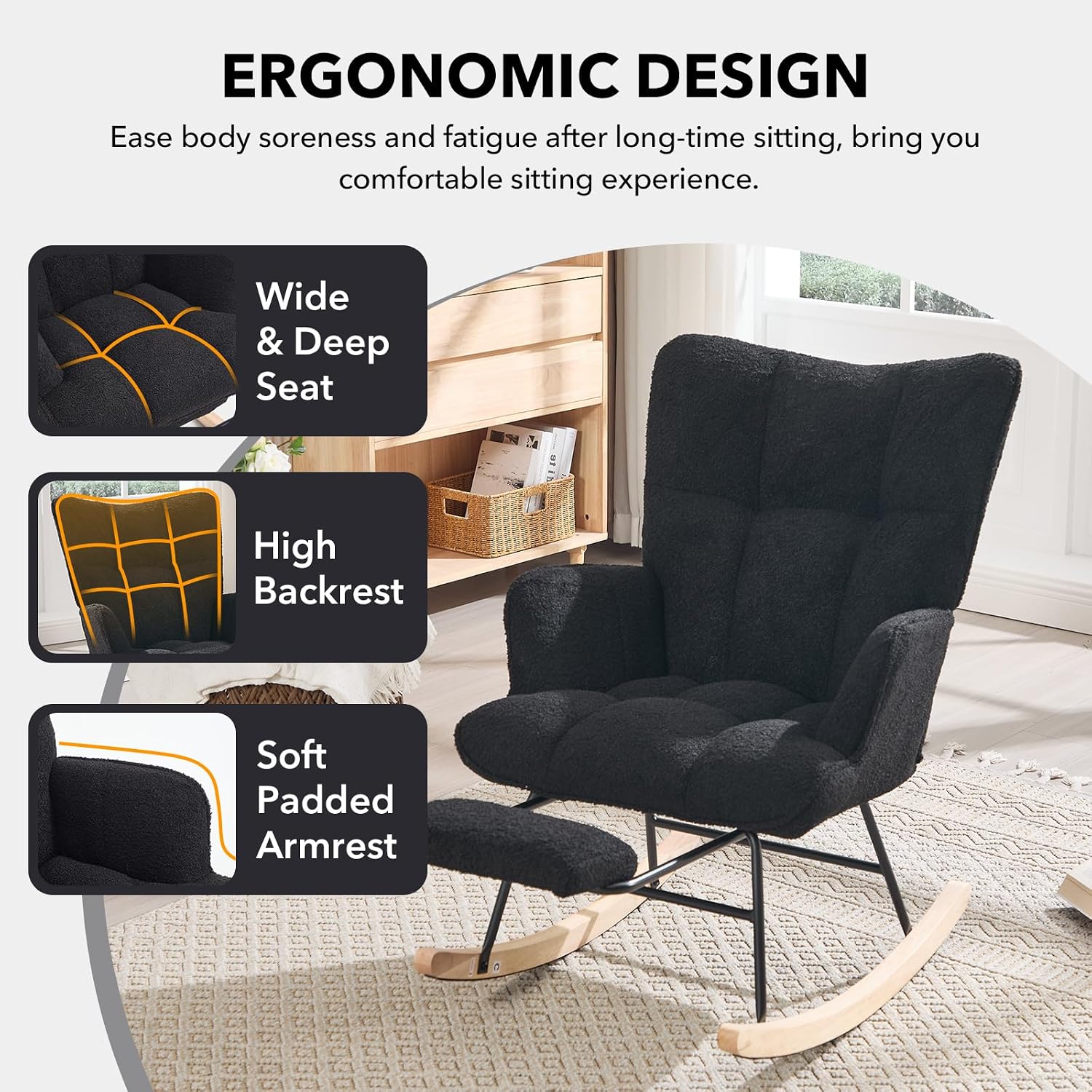 Nursing Rocking Chair, Teddy Glider Rocker with Footrest (Black) | Upholstered Accent Rocking Armchair with High Back & Side Pocket for Living Room Bedroom Nursery Office