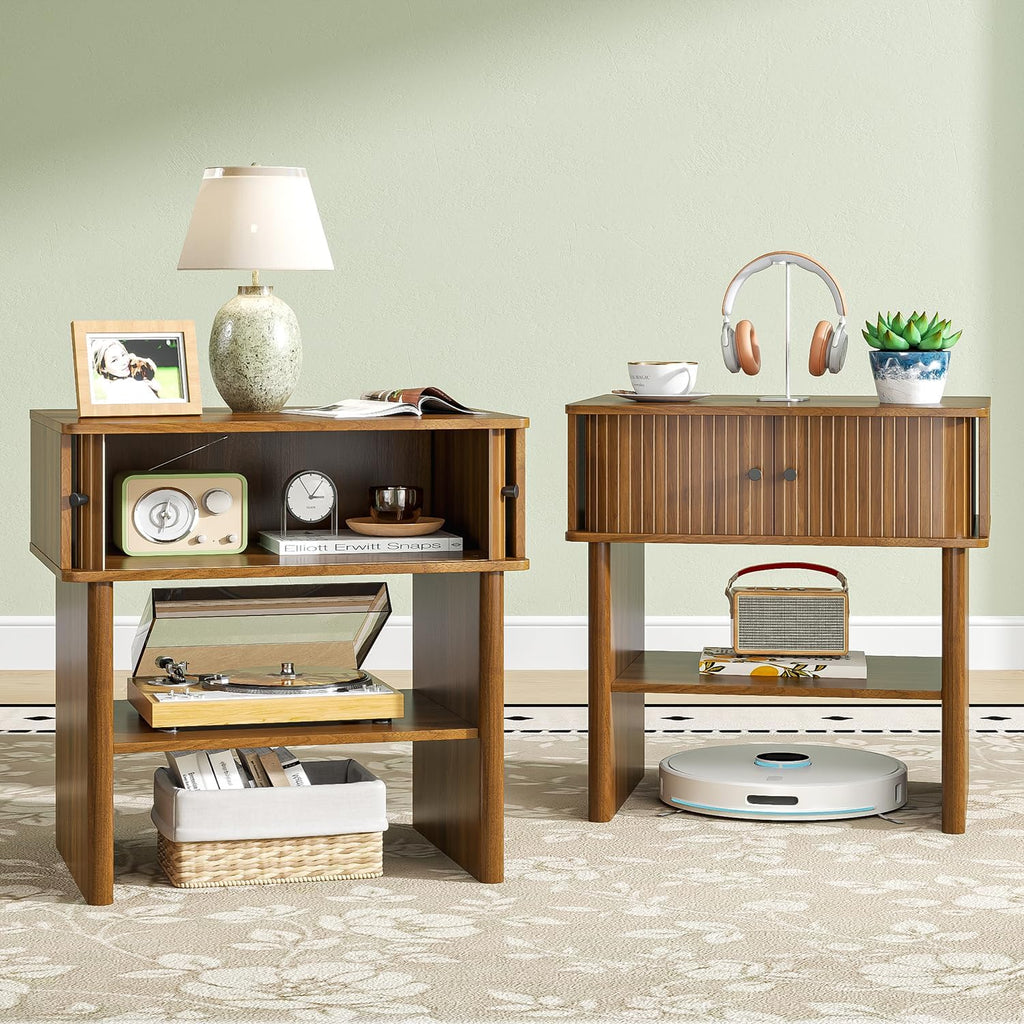 Fluted Nightstand Set of 2, Walnut End Table with Sliding Doors, Bedside Table Mid Century Modern with Open Shelf, Large Night Stand for Bedroom, Living Room, Space Saving