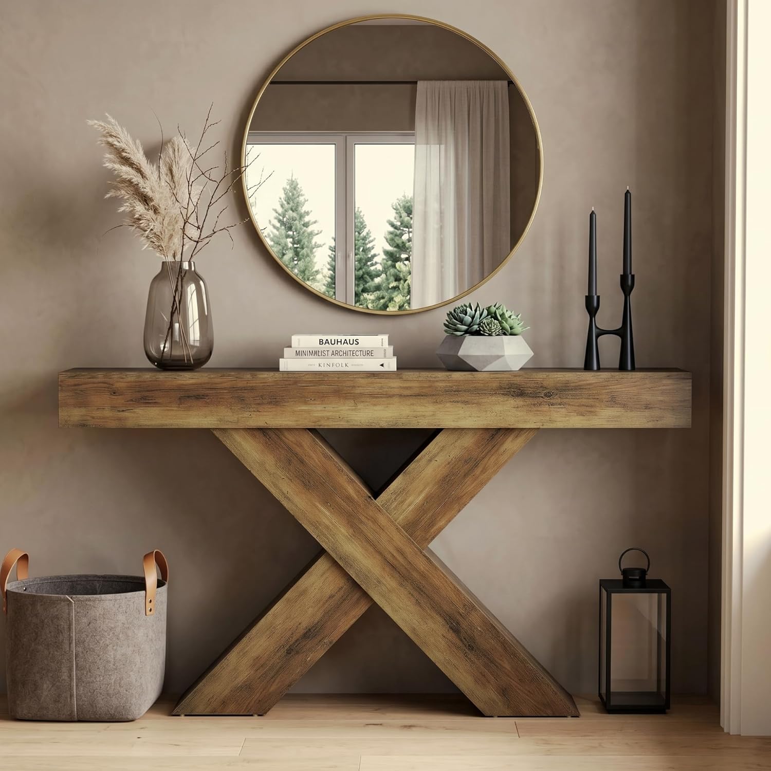 LITTLE TREE Entryway Table, 55" Narrow Console Table, Industrial Entryway Table with X-Shaped Legs, Narrow Sofa Hallway Foyer Table for Living Room, Entryway, Foyer, Rustic Brown