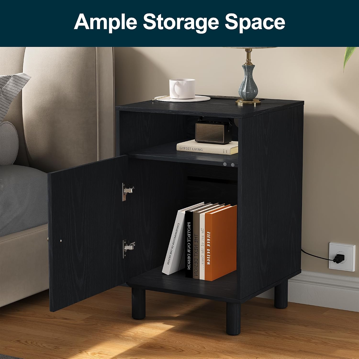 RoyalCraft Black Nightstand with Charging Station, End Table with Storage | Mid-Century Modern End Table for Living Room, Side Table with Solid Wood Legs, Bedside Table for Bedroom, Entryway