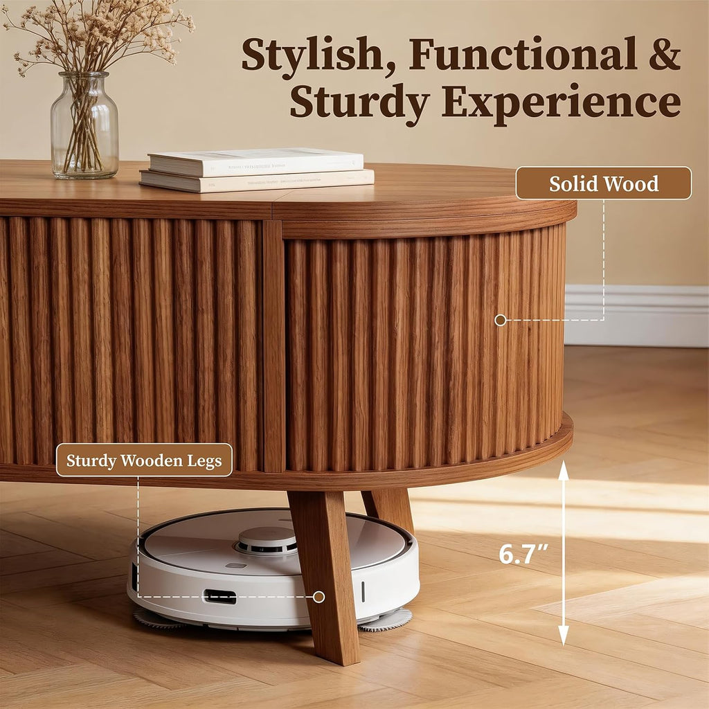 Oval Fluted Coffee Table with Lift Top, Mid Century Modern Coffee Table with 3 Hidden Storage, 39.4" Farmhouse Center Tables for Living Room Home Office, Walnut
