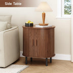 ONBRILL Oval End Table with Storage & Charging Station, Fluted Accent Side Table with Sliding Door & Adjustable Shelf, Mid-Century Modern Nightstand Set of 2 for Living Room, Bedroom, Walnut(2-Pack)