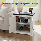 24" Farmhouse End Table with Charging Station | Rustic Sofa Side Table with Sliding Barn Door & Shelf | for Living Room, Bedroom in Antique White