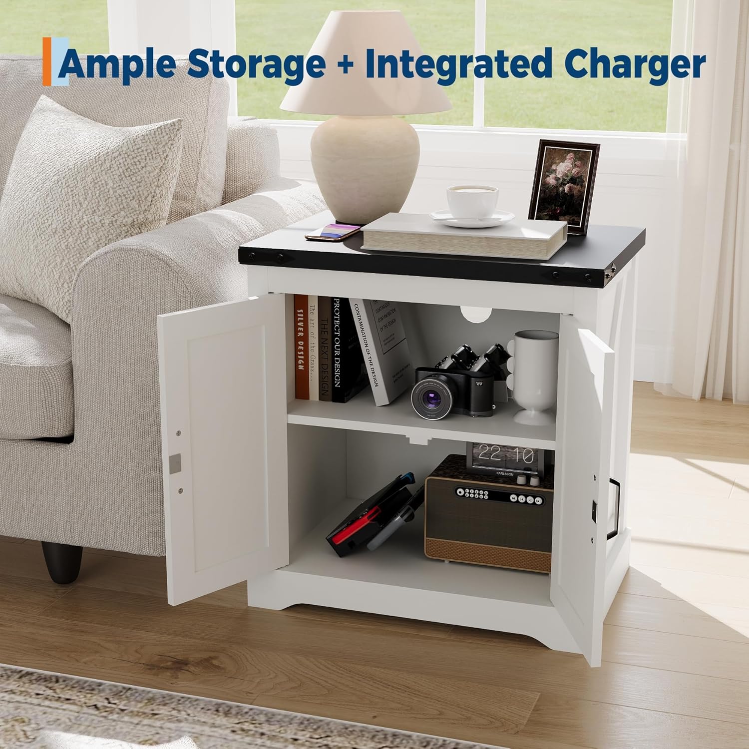 24" Farmhouse End Table with Charging Station | Rustic Sofa Side Table with Sliding Barn Door & Shelf | for Living Room, Bedroom in Antique White