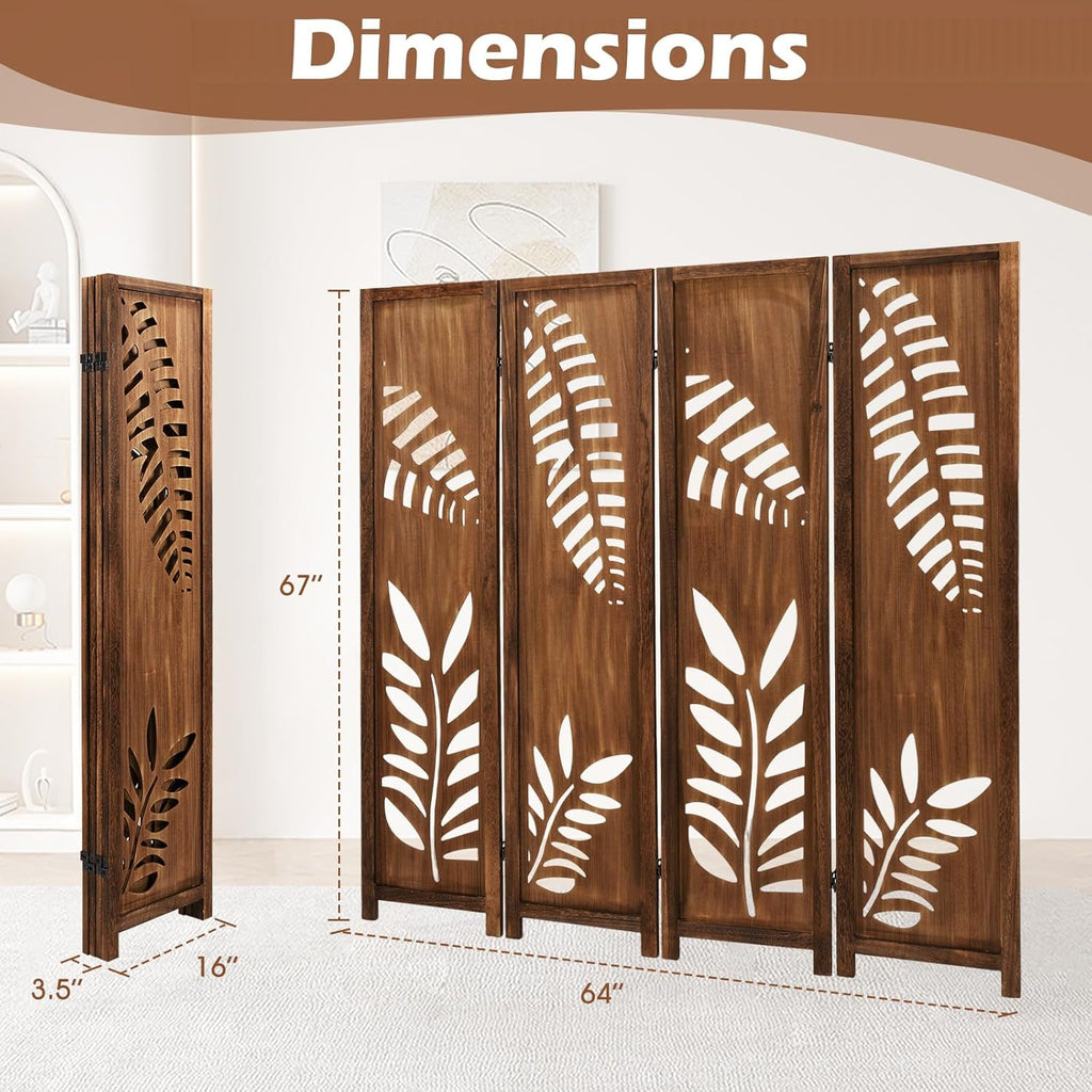 Giantex Boho Rustic Room Divider, 4 Panel Carved Leaf Folding Wood Screen, Fully Assembled, 67'' Freestanding Privacy Partition Decorative Wall, Foldable Room Separator for Bedroom, Rustic Brown