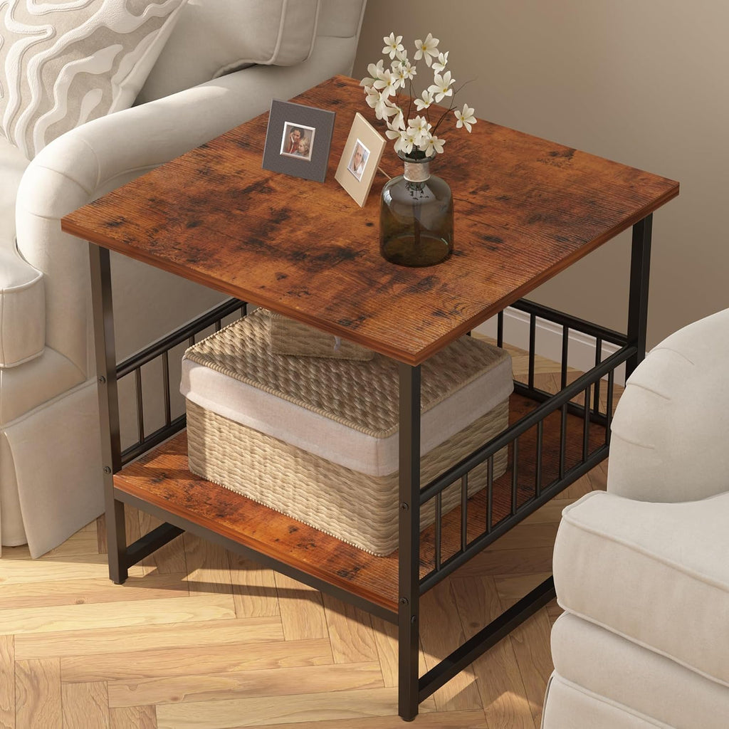 EazeHome End Table 24" for Living Room, Large Square Side Table with 2-Tier Storage, Rustic Brown Tall Industrial Night Stand for Bedroom, Rustic Brown
