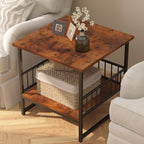 EazeHome End Table 24" for Living Room, Large Square Side Table with 2-Tier Storage, Rustic Brown Tall Industrial Night Stand for Bedroom, Rustic Brown