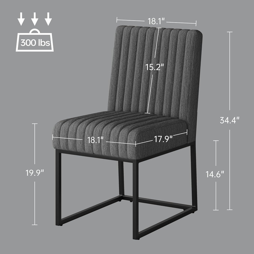 VKNOW Upholstered Dining Chairs Set of 6, Modern Dining Room Chairs with Stripe, Linen Kitchen Chair Dinner Chair with Black Metal Base for Kitchen, Dark Grey