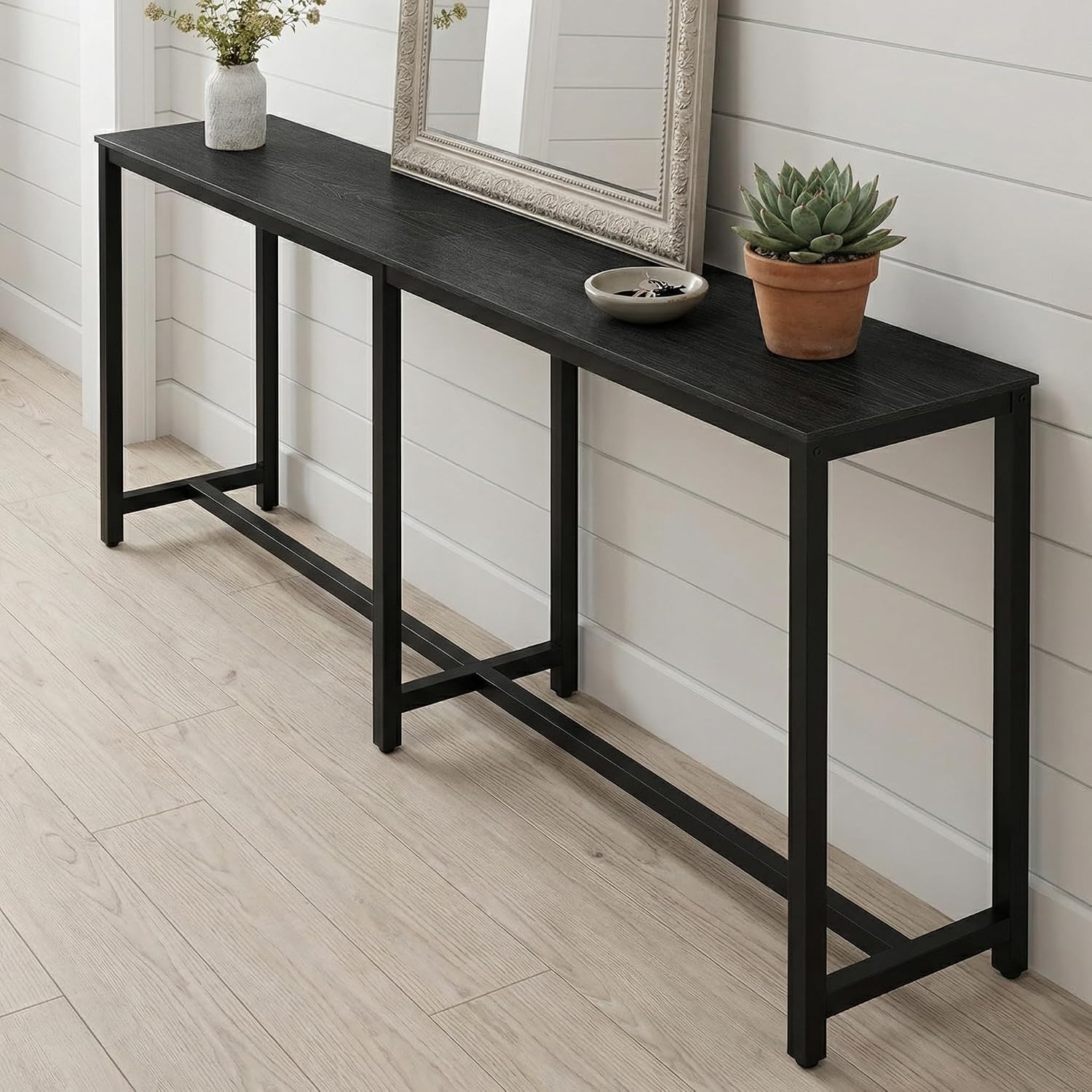 Homleke 71" L Narrow Long Kitchen Dining Bar Table, Counter Height High Pub Desk with Metal Frame for Small Spaces, Black
