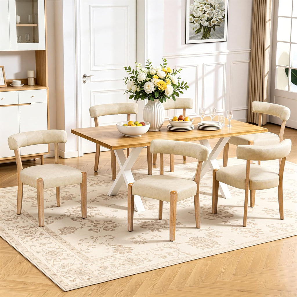 RNKSFX Modern Dining Chairs Set of 4, Faux Leather Upholstered Kitchen & Dining Room Chairs, Mid Century Modern Wooden Dining Chairs Oversized Sturdy Rounded Chairs Curved Back, Beige