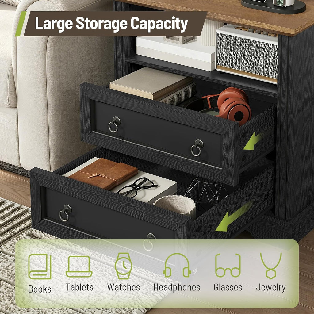 Farmhouse Nightstand with Charging Station, Wooden Bedside End Table with 2 Drawers and Open Storage Shelf, Side Table for Bedroom Living Room, Black & Walnut