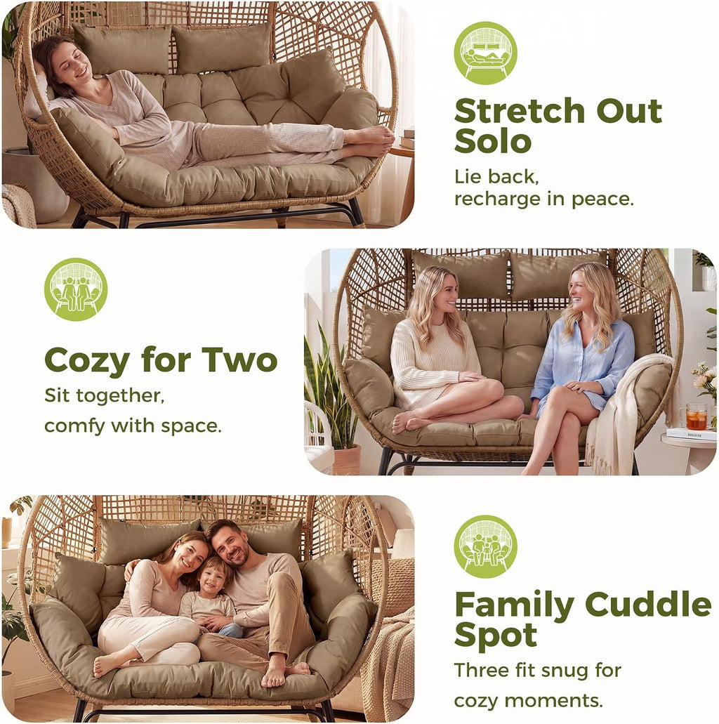 RADIATA 2-Person Double Egg Chair, 57.1" Extra Wide Outdoor Wicker Loveseat with 6.5" Thick Cushion, 600 lbs Capacity Oversized Lounge Chair for Patio, Porch, Backyard,Balcony or Indoor Use,Brown