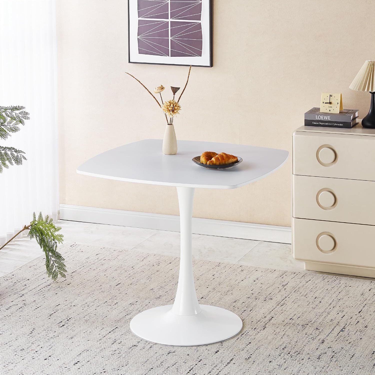 24" Square Dining Table for 2-3, Modern Pedestal Table with White Wood Board Top, Compact Kitchen Bistro Cafe Table for Apartment, Living Room, Office