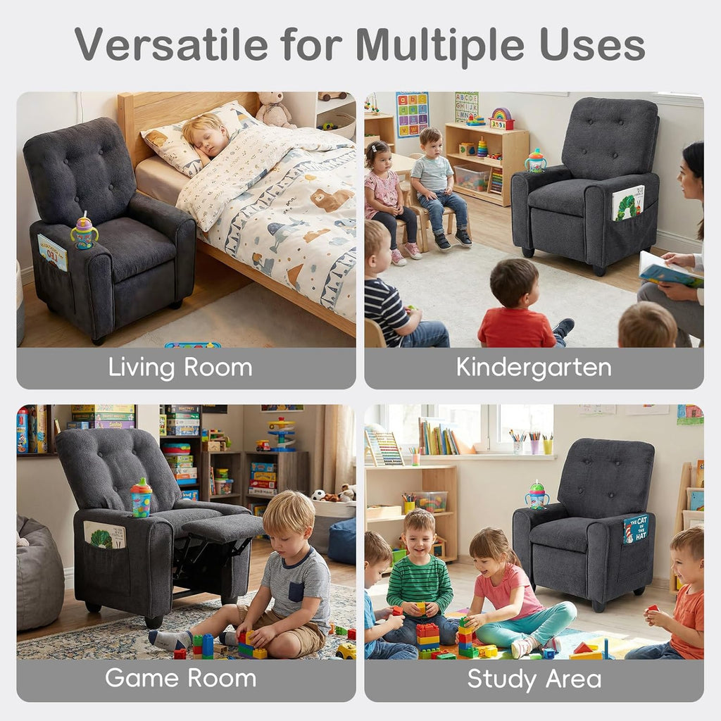 INFANS Kids Recliner, Toddler Lounge Chair with Adjustable Backrest Footrest Cup Holder Side Pockets, Velvet Leather Toddler Couch