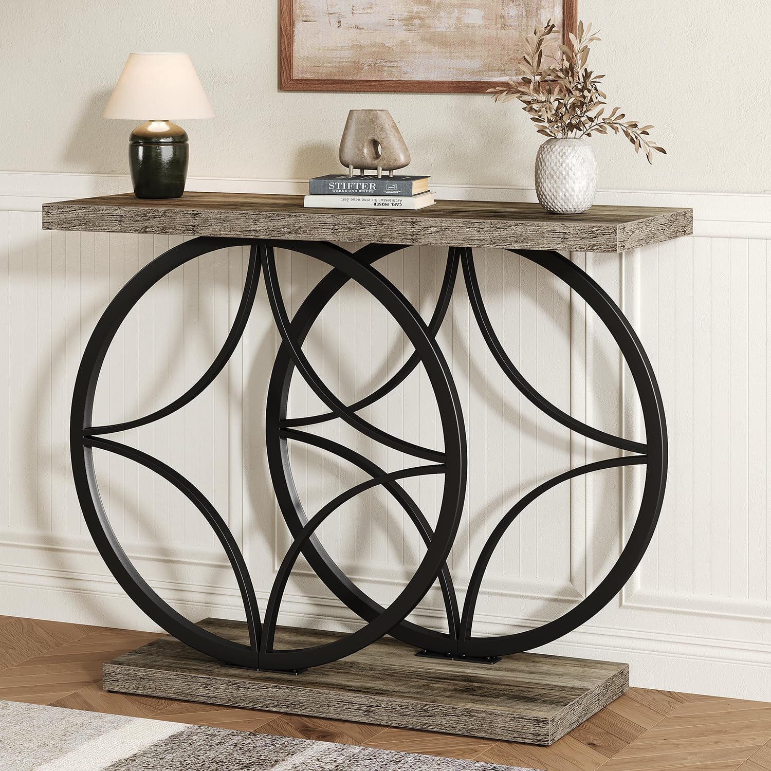 39.4" Entryway Table, Industrial Console Table for Entryway with Anti-Tilt Design, Narrow Wood Accent Sofa Table Behind Couch with Double Circle Base for Hallway, Living Room, Foyer (Industrial Grey)