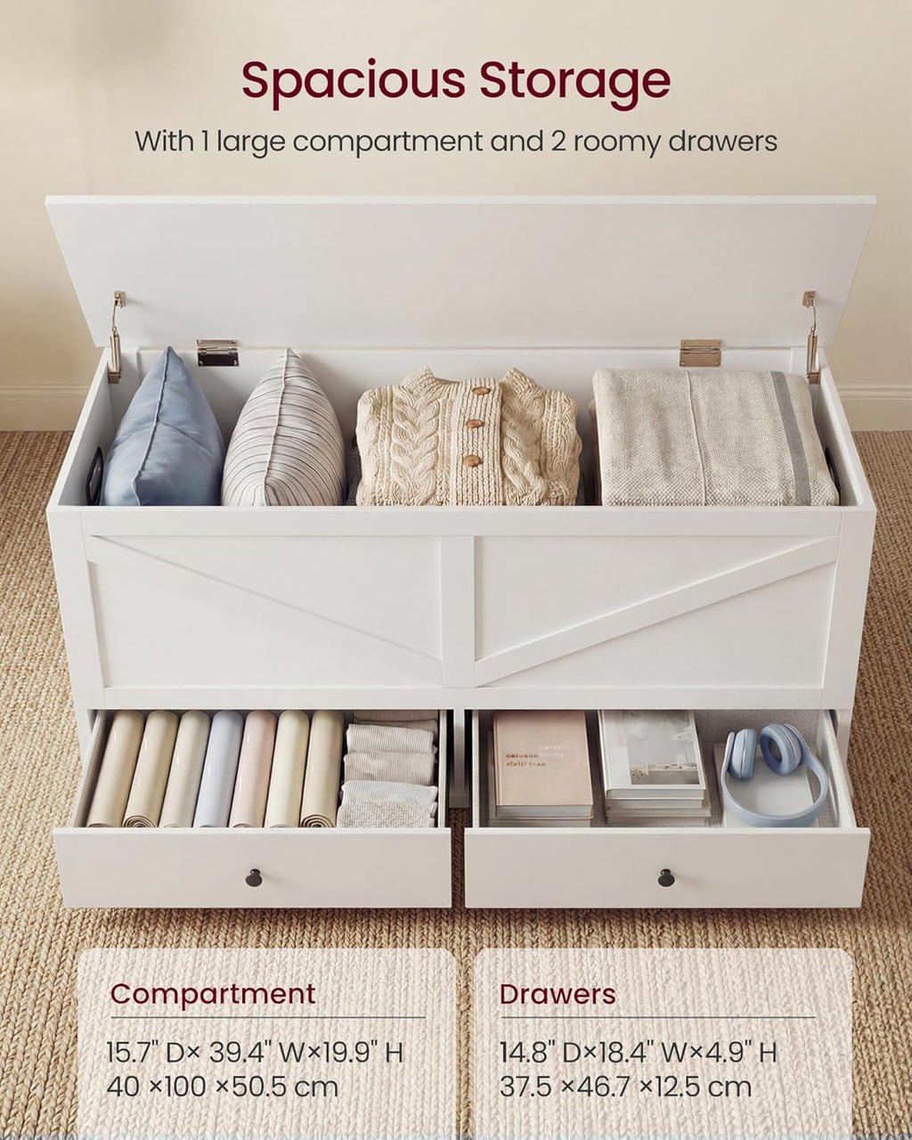 VASAGLE Storage Chest, Storage Bench with 2 Fabric Drawers, Farmhouse Style, for Entryway, Bedroom, Living Room, 15.7 x 39.4 x 19.9 Inches, Cloud White ULSB043W01