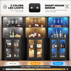Corner Bar Cabinet with LED Lights, 65" Tall Wine Cabinet with Glass Holder & Tempered Glass Door, 4-Tier Liquor Alcohol Cabinet & Coffee Bar with Human Body Sensor for Dining Room, Black