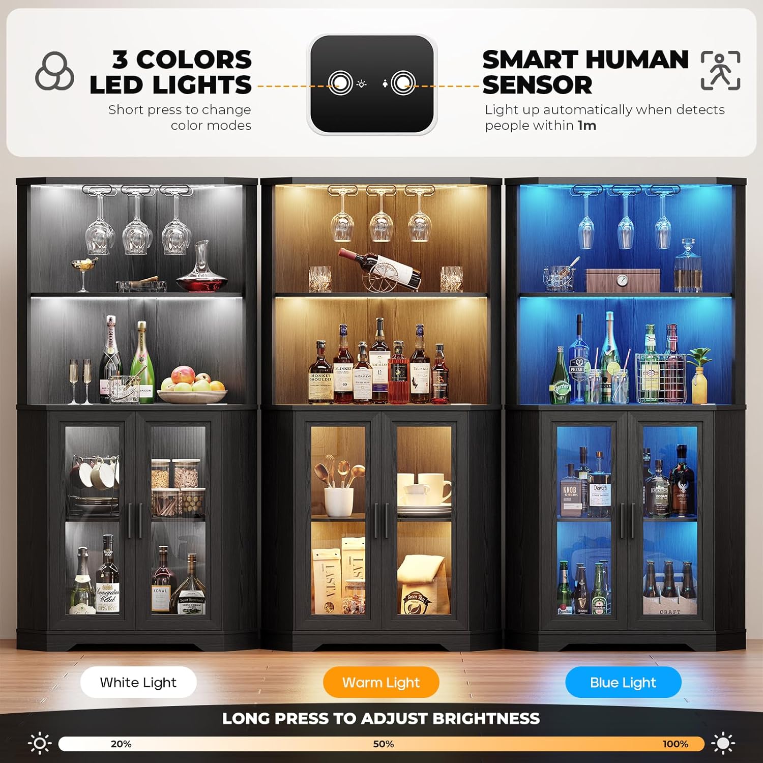 Corner Bar Cabinet with LED Lights, 65" Tall Wine Cabinet with Glass Holder & Tempered Glass Door, 4-Tier Liquor Alcohol Cabinet & Coffee Bar with Human Body Sensor for Dining Room, Black