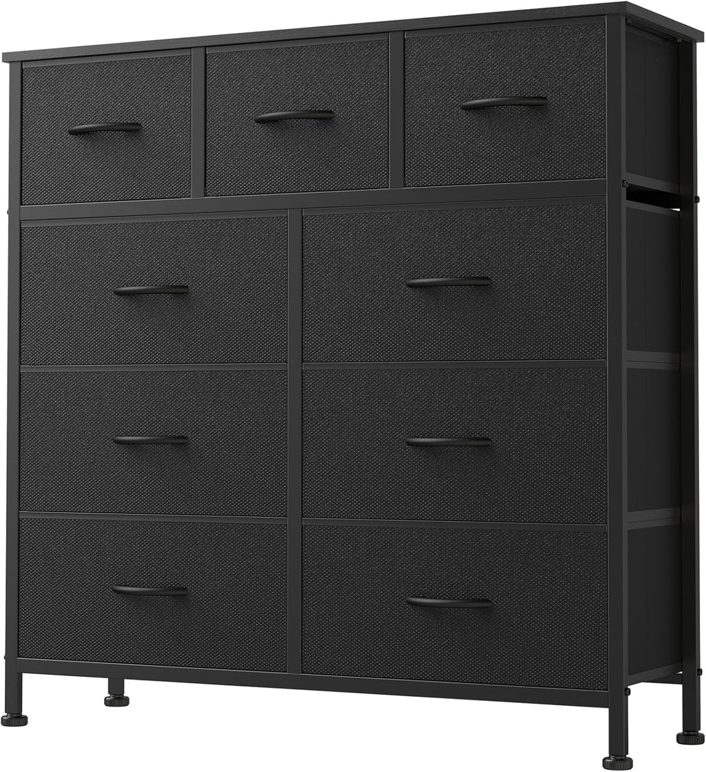 DUMOS 9 Drawer Dresser for Bedroom, Chest of Drawers | Fabric Storage Organizer, Sturdy Metal Frame Wooden Top, Closet Entryway Guest Room, Matte Black