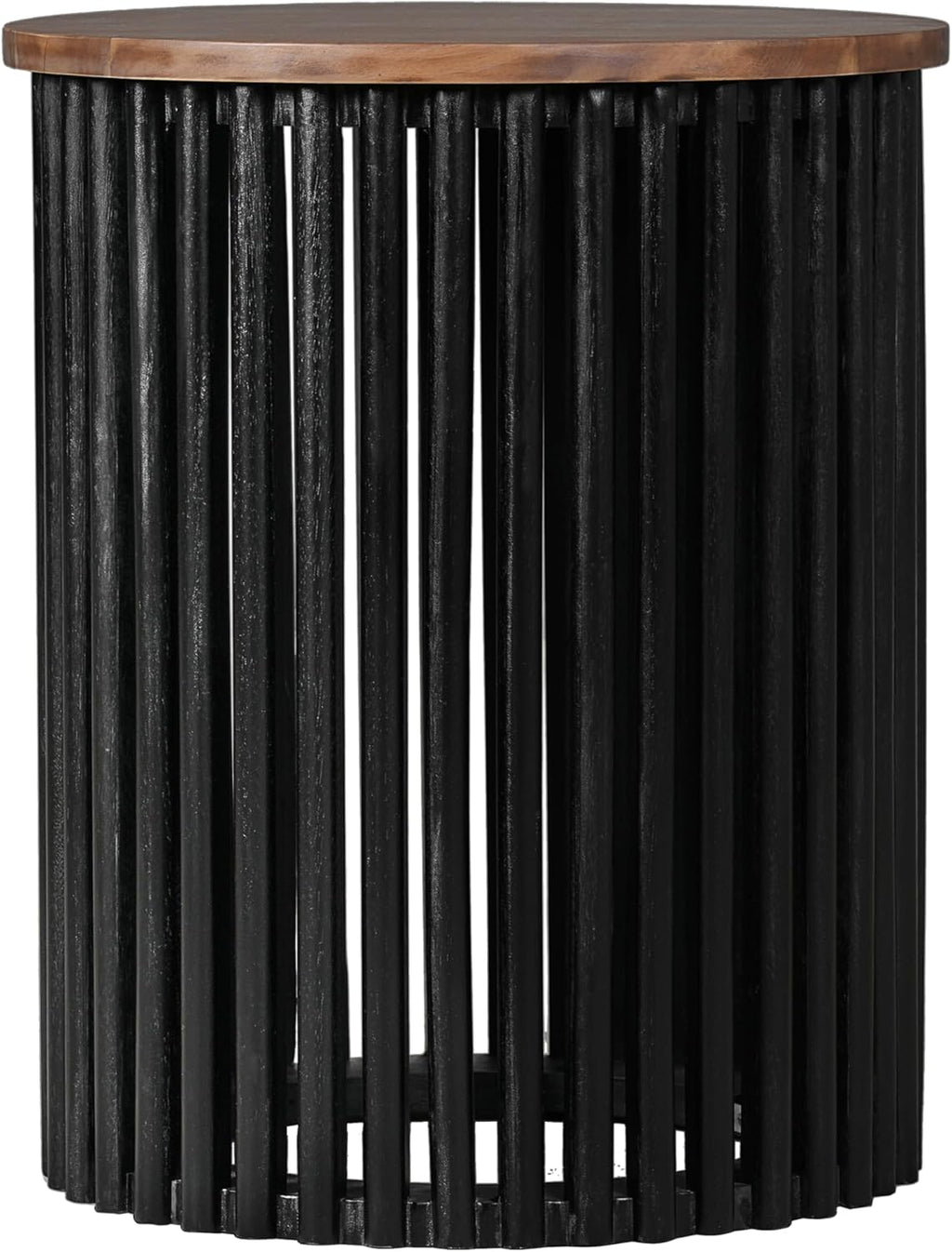 Round End Table, Modern Cylinder Side Table with Wood Top & Black Ribbed Base, Small Drum Accent Table for Living Room, Bedroom, Mid-Century Nightstand for Small Spaces