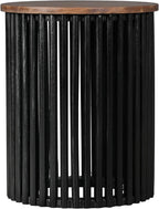 Round End Table, Modern Cylinder Side Table with Wood Top & Black Ribbed Base, Small Drum Accent Table for Living Room, Bedroom, Mid-Century Nightstand for Small Spaces
