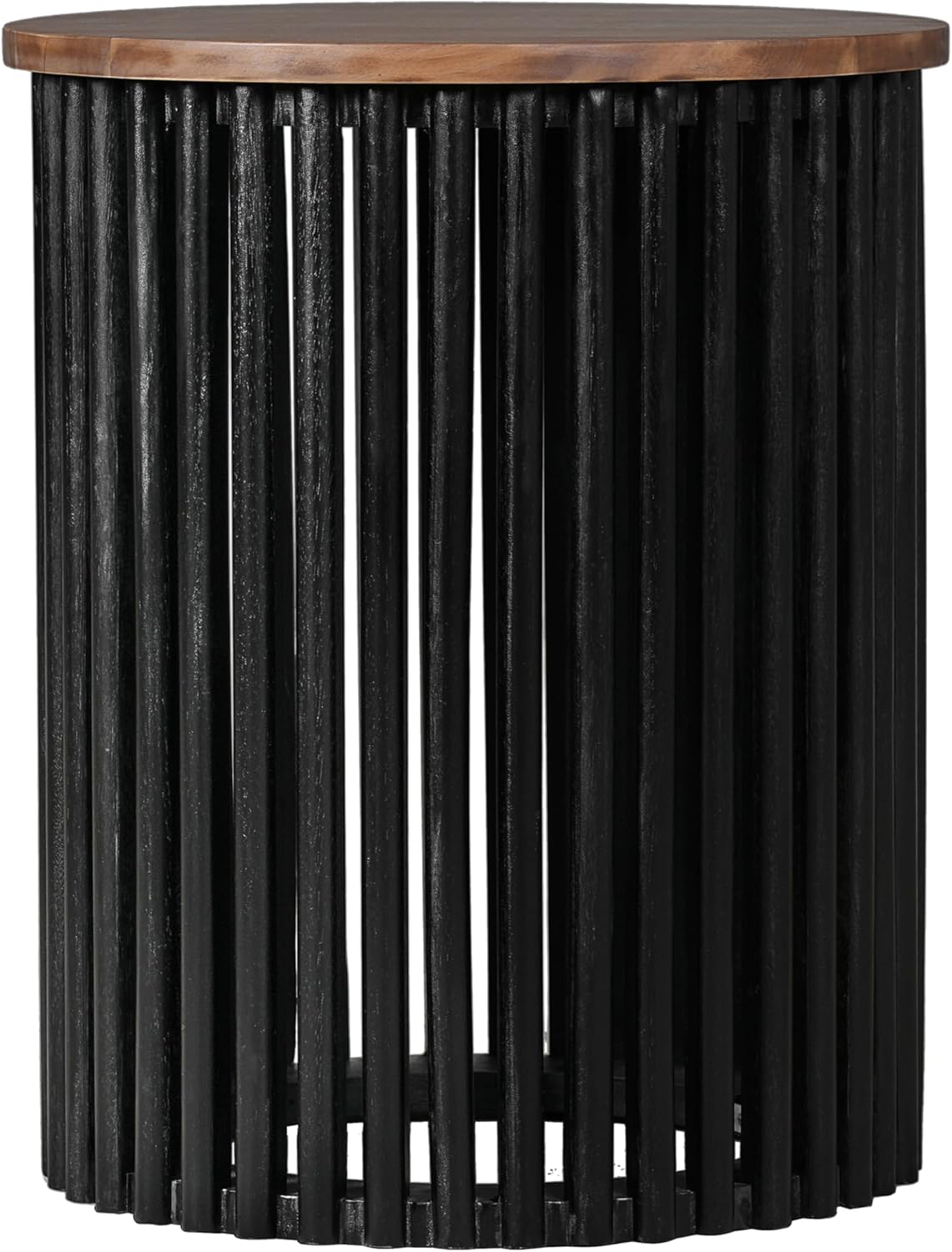 Round End Table, Modern Cylinder Side Table with Wood Top & Black Ribbed Base, Small Drum Accent Table for Living Room, Bedroom, Mid-Century Nightstand for Small Spaces