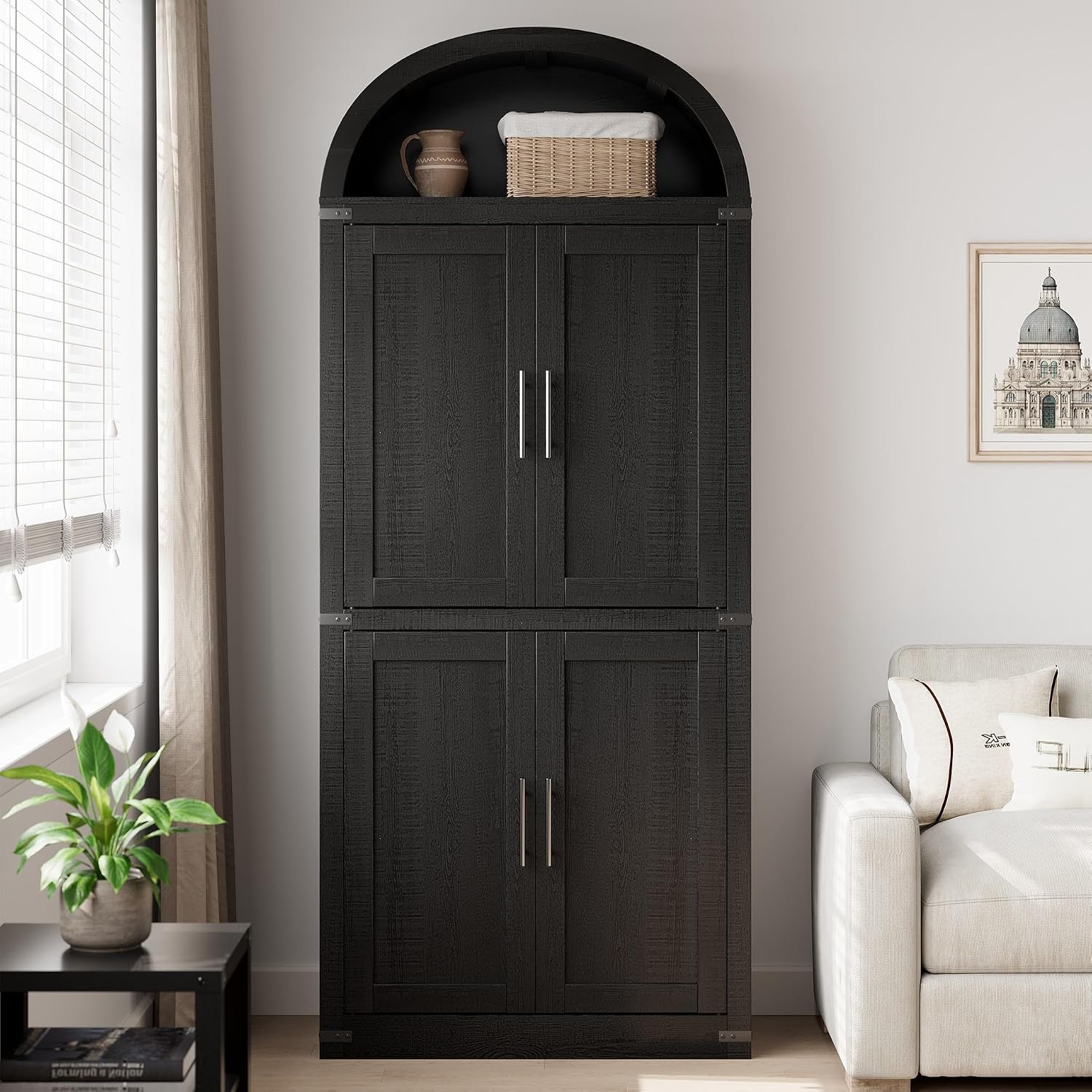 Takywep 71.6 Inch Tall Arched Pantry Cabinet with Doors, Farmhouse Storage Cabinet with Open Shelf and Metal Handles, 5 Tier Freestanding Bookcase for Kitchen Dining Room Living Room, Black