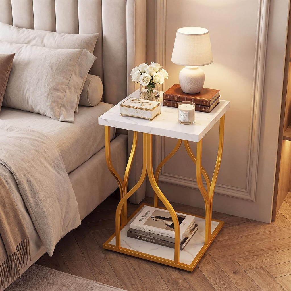 Giantex 2-Tier End Table, Faux Marble Bedside Night Stand with Storage Shelf & Gold Petal-Inspired Geometric Metal Frame, Modern Couch Sofa Side Table for Living Room Bedroom Small Spaces (1)