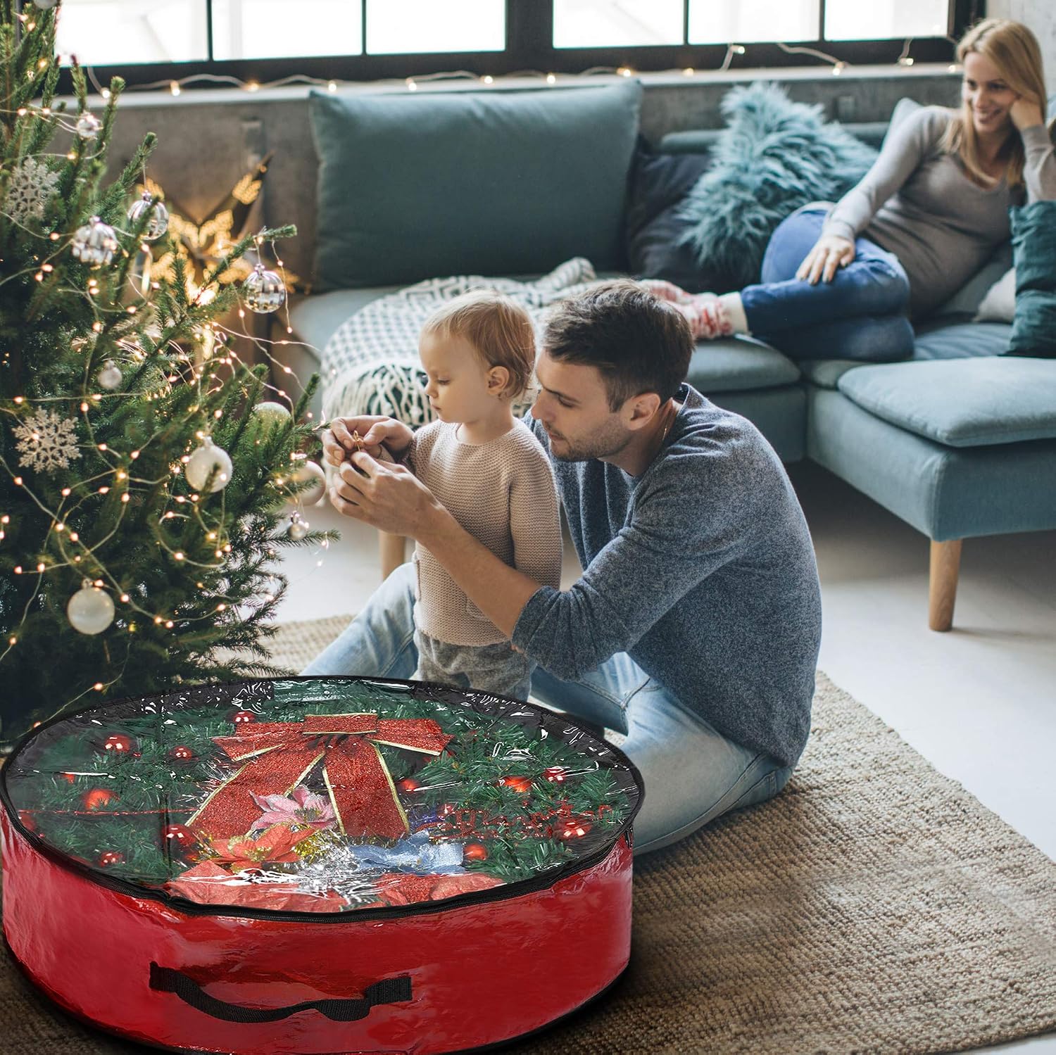 Propik Christmas Wreath Storage Bag 36" - Garland Holiday Container with Clear Window - Tear Resistant Fabric - 36" X 36" X 8" (Red)