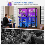 Gurexl Display Cabinet with Motion Sensor LED Lights, Glass Curio Cabinet with Adjustable Shelves & Glass Door, Modern Tall Display Case for Collectibles, Toys, Figures, Ideal for Living Room, Black