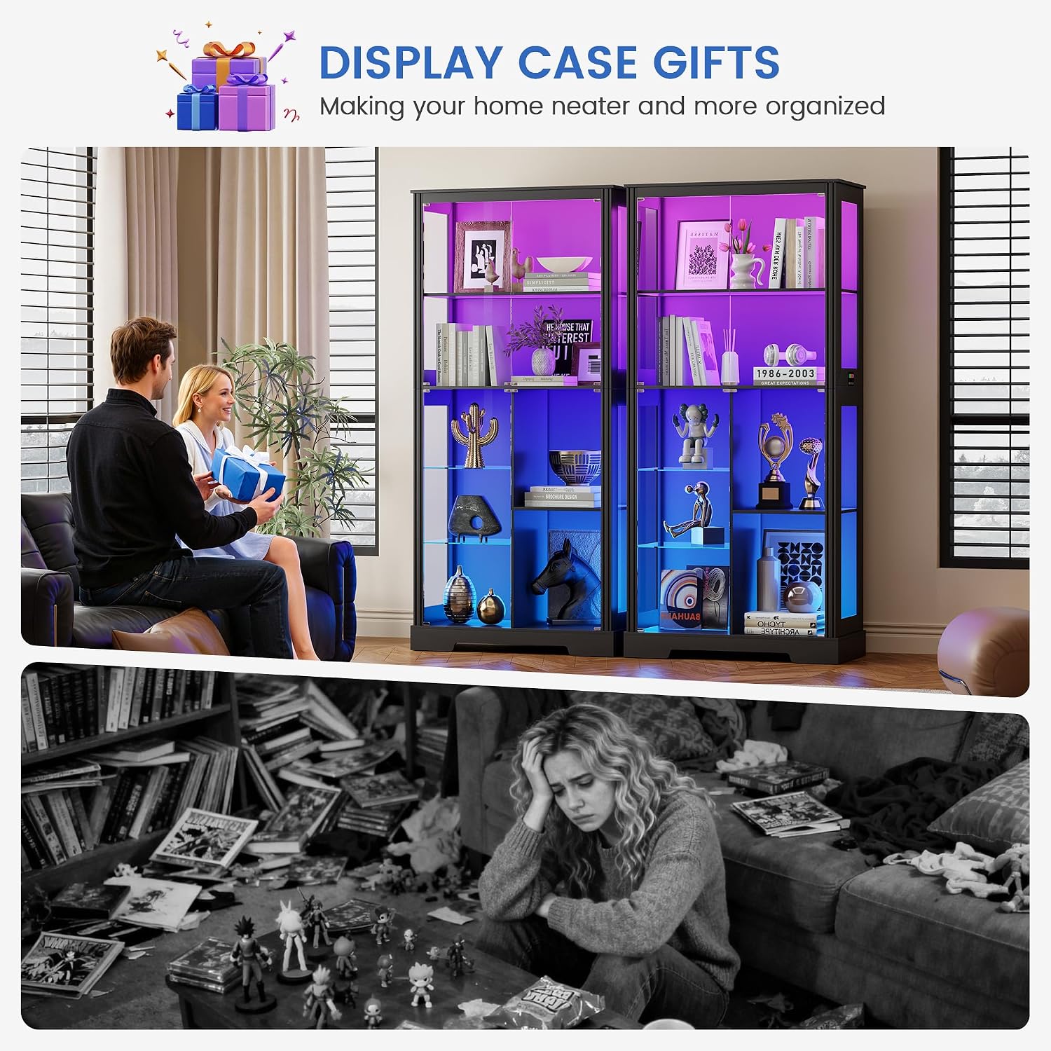 Gurexl Display Cabinet with Motion Sensor LED Lights, Glass Curio Cabinet with Adjustable Shelves & Glass Door, Modern Tall Display Case for Collectibles, Toys, Figures, Ideal for Living Room, Black