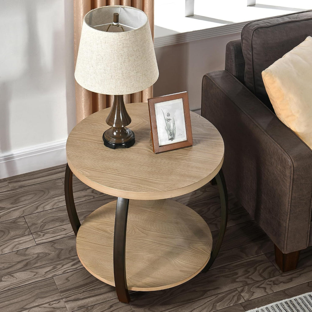 2-Tier Solid Wood Round End Table, American Rustic Circle Side Table Small Sofa Drum Table with Pine Wood Top & Curved Metal Legs for Living Room Bedroom, Natural Wood Color, 23.6" W x 21.7" H