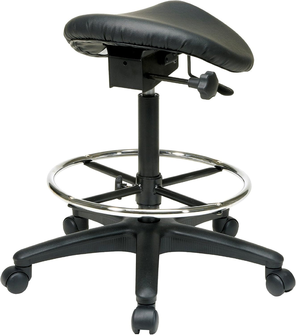 Office Star Drafting Backless Stool with Saddle Seat, Foot Ring, Adjustable Seat Angle and Pneumatic Height Adjustment, Black Vinyl