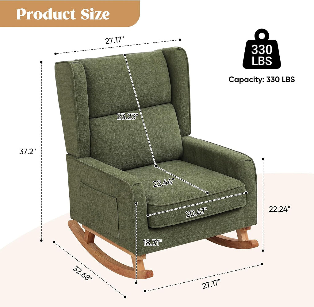 HCHAIRH Nursery Rocking Chairs, Rocking Chair Nursery for Mom Nursery Rocker with High Backrest and Solid Wood Legs, Modern Wingback Accent Rocking Chair for Reading Living Room Bedroom Green