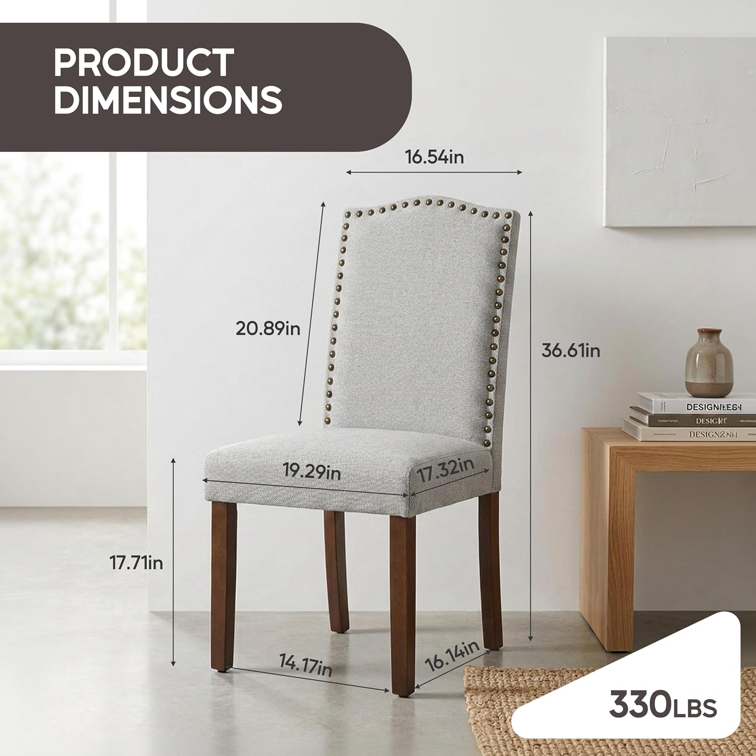 Simple Deluxe Set of 2 Upholstered Parsons Dining Chairs, Fabric Dining Room Chairs with Solid Wood Legs & Nailhead Trim, Multi-Use for Kitchen, Living Room & Bedroom, Gray
