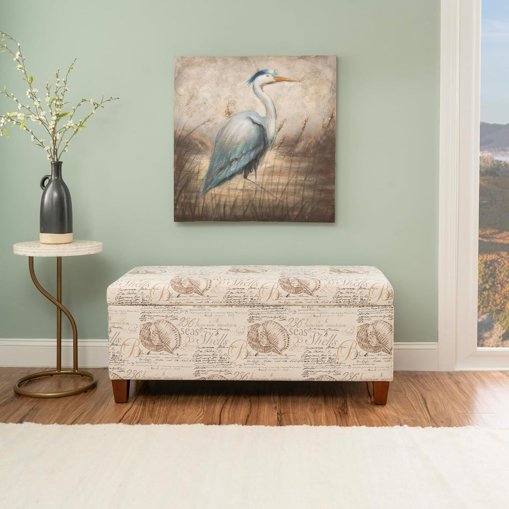 Linon Carmen Ivory and Beige Seashell Upholstered Lift Top Storage Ottoman with Wooden Feet