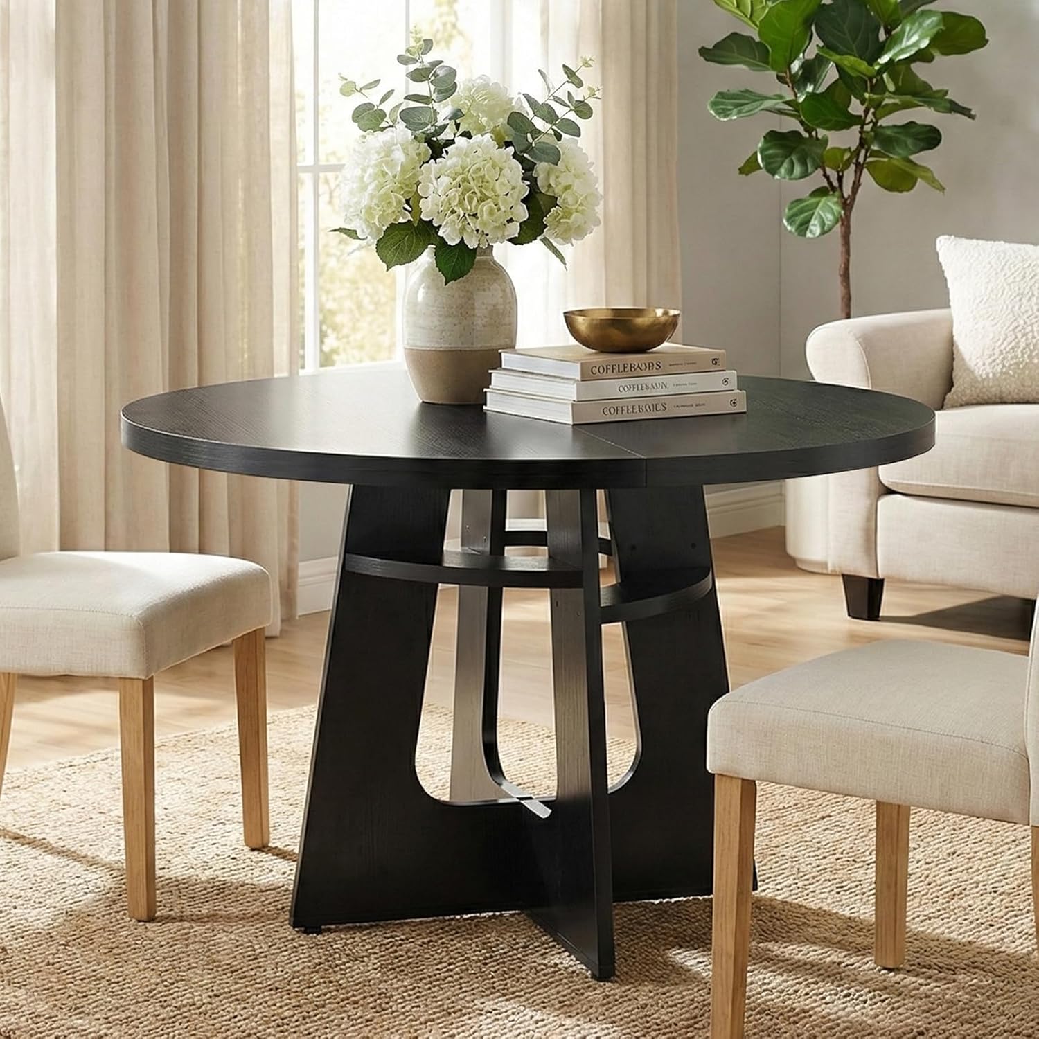 47" Round Dining Table for 4-6 Black, Farmhouse Wood Circle Dinner Table, Modern Wooden Circular Dinner Tables Easy Assembly for Dining Room/Kitchen/Living Room/Apartment (Table Only)