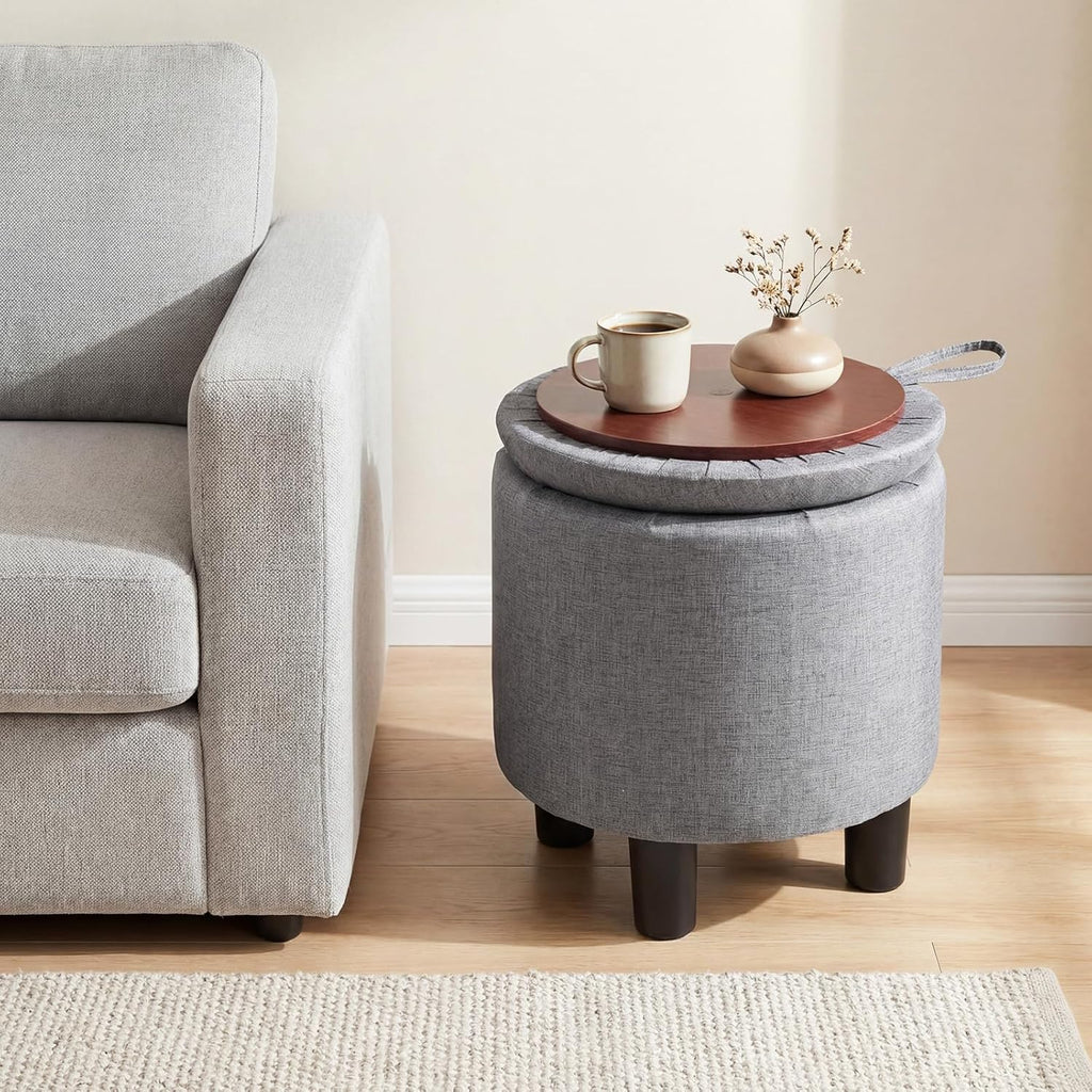 Giantex Round Storage Ottoman, Linen Fabric Upholstered Ottoman Foot Rest with Removable Lid, Small Ottoman Foot Stool for Bedroom Living Room (Gray)