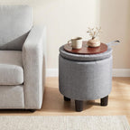 Giantex Round Storage Ottoman, Linen Fabric Upholstered Ottoman Foot Rest with Removable Lid, Small Ottoman Foot Stool for Bedroom Living Room (Gray)