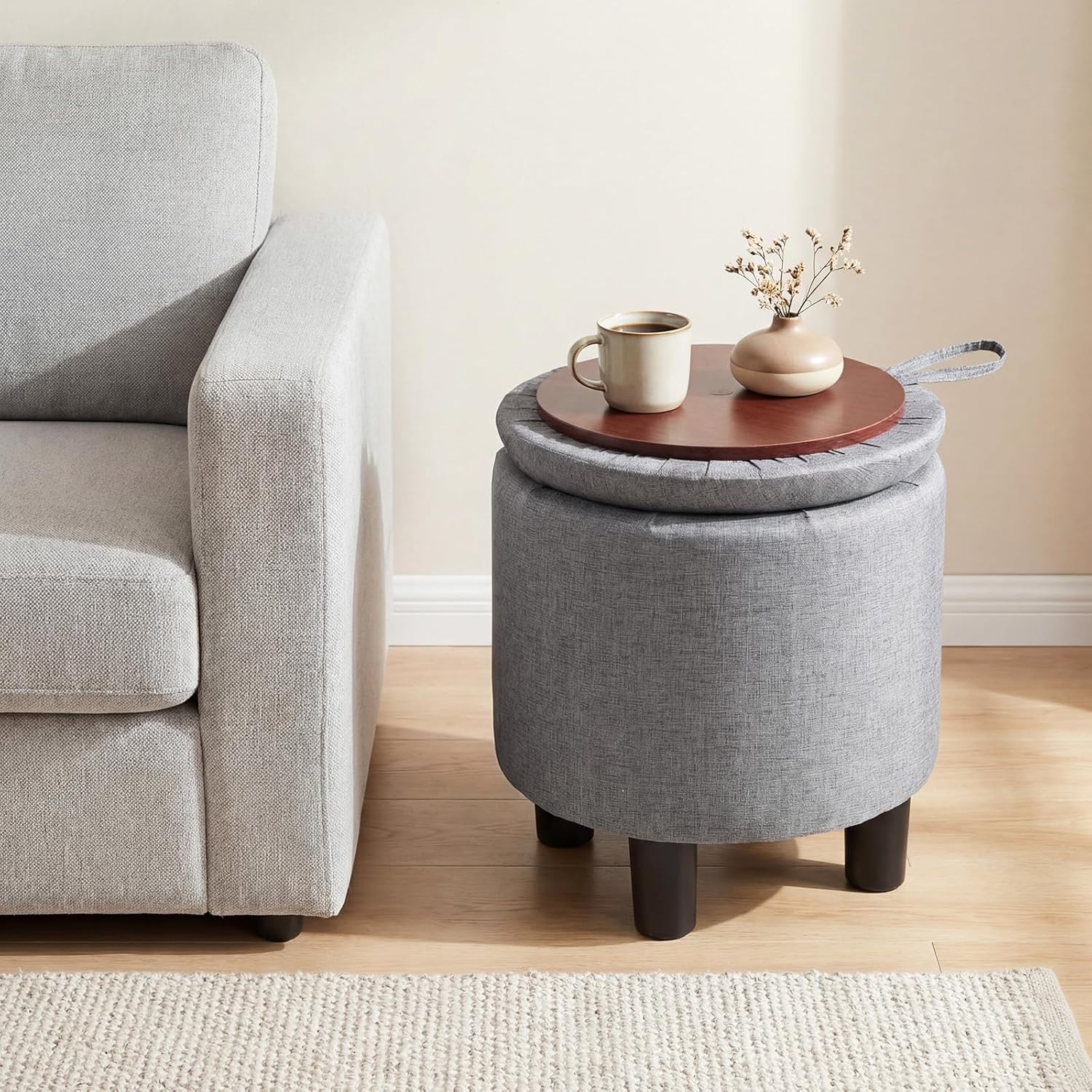Giantex Round Storage Ottoman, Linen Fabric Upholstered Ottoman Foot Rest with Removable Lid, Small Ottoman Foot Stool for Bedroom Living Room (Gray)