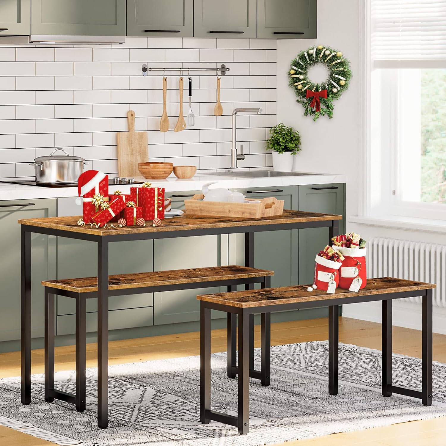 HOOBRO Dining Benches, Pair of 2 Industrial Style Indoor Benches, Durable Metal Frame, for Kitchen, Dining Room, Living Room, Rustic Brown BF01CD01