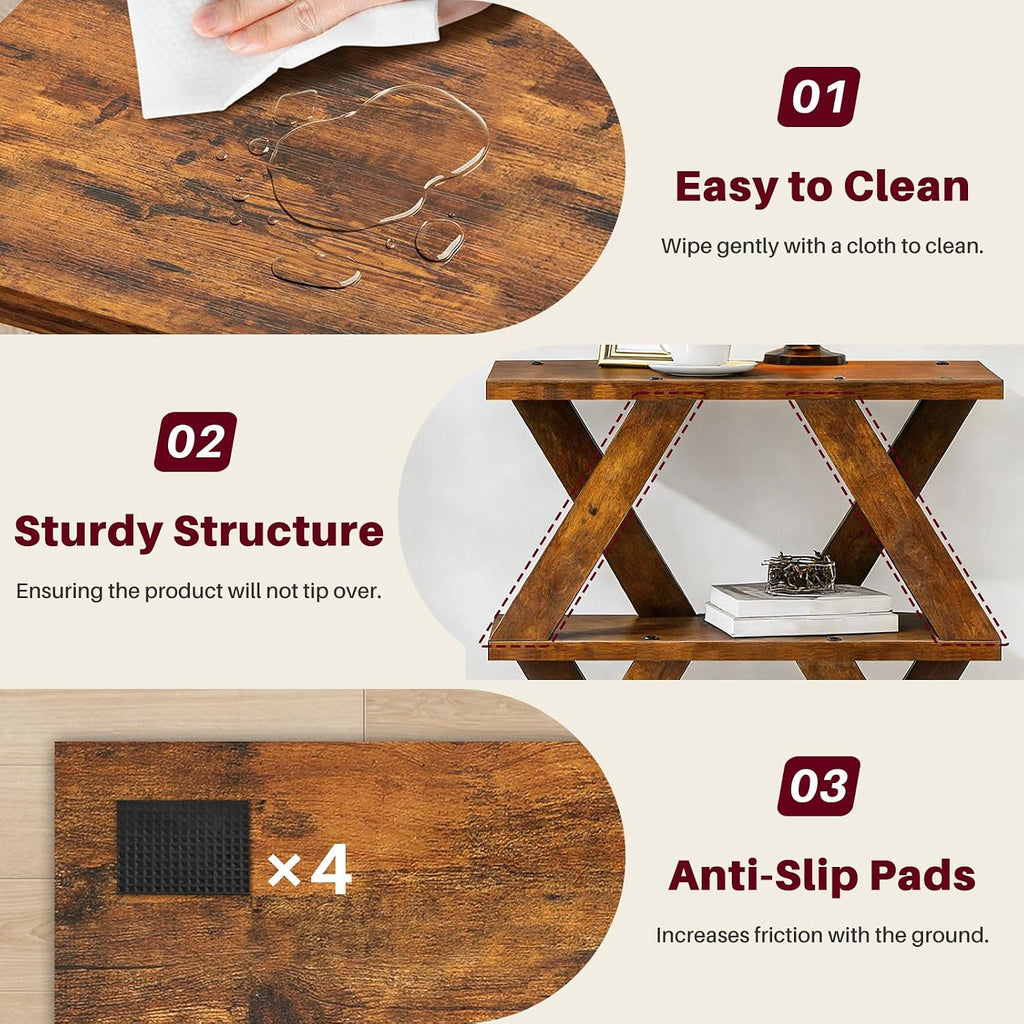 Set of 2 Side Table with Side Guard Rails & Anti-Slip Pads, 3 Tier Narrow End Table for Small Spaces, Slim Nightstand with Storage Shelves for Bedroom, Living Room, Rustic Brown