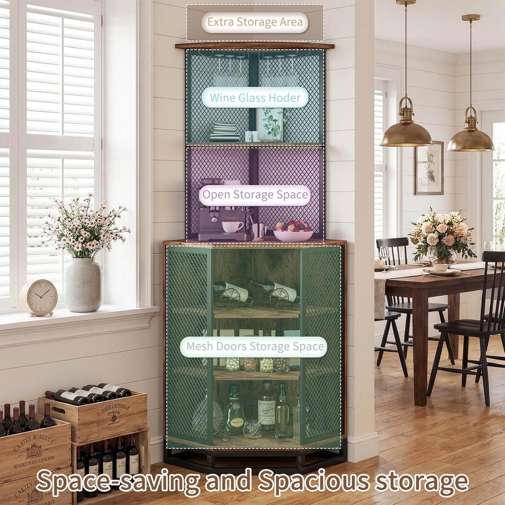 IBF Corner Bar Cabinet 71" Tall Wine Display with Glass Holder, Sturdy 5-Tier Industrial Farmhouse Liquor Storage with Adjustble Shelf，Anti-Tipping Design for Home Kitchen Small Space, Rustic Brown