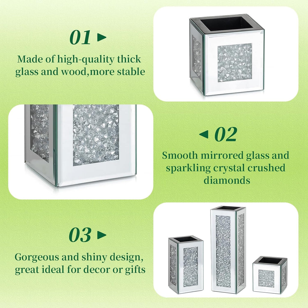 Silver Rectangle Glass Vases for Decor: Hewory Tall Crushed Diamond Mirror Vase for Centerpieces - Large Decorative Mirrored Containers for Dried Flowers, Bling Big Crystal Vases for Home Decoration