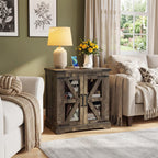 Farmhouse End Table, 24" Large End Tables with Storage, Rustic Square Sofa Beside Table with Glass Barn Door, Wood Side Table Square Nightstand for Living Room, Bedroom, Office (Antique Finish)
