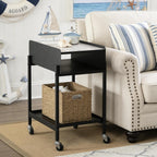 Bedside Table with Wheels Rolling Nightstand 3-Tier Sofa Side Table Modern End Table for Small Space Bedroom Office Living Room Marble Top and Open Shelf Easy Assembly (Black)