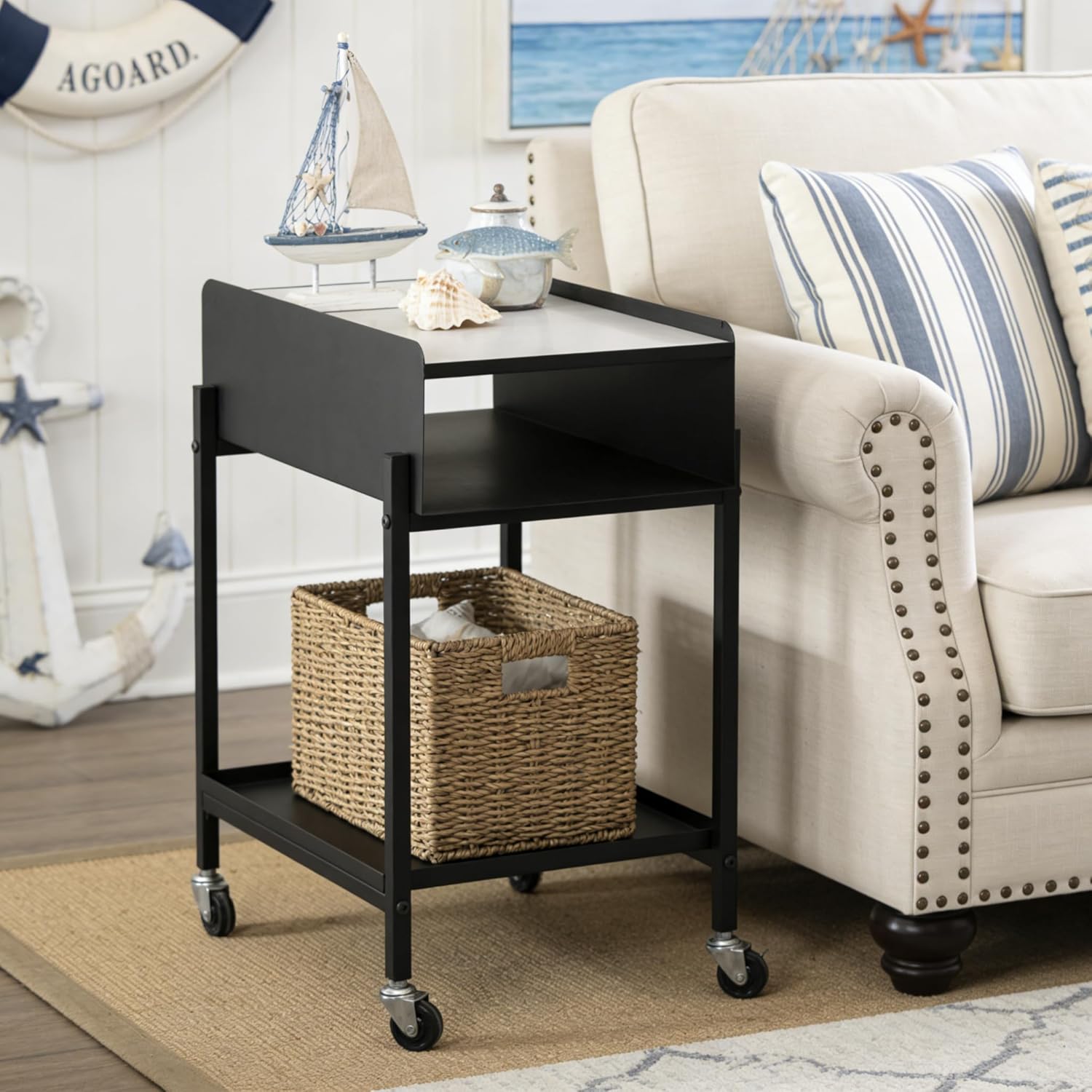 Bedside Table with Wheels Rolling Nightstand 3-Tier Sofa Side Table Modern End Table for Small Space Bedroom Office Living Room Marble Top and Open Shelf Easy Assembly (Black)
