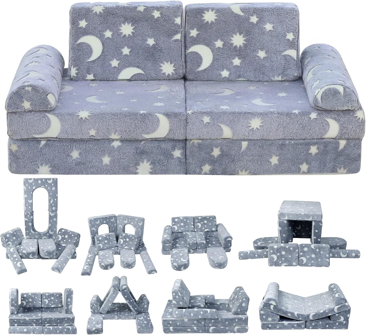 WONDERME 2-Seater Modular Kids Play Couch – 10pc Glow in the Dark Creative Kids Couch for Playroom, Living Room, and Bedroom Fortplay – Convertible Foam and Floor Cushion for Ages 1 to 10