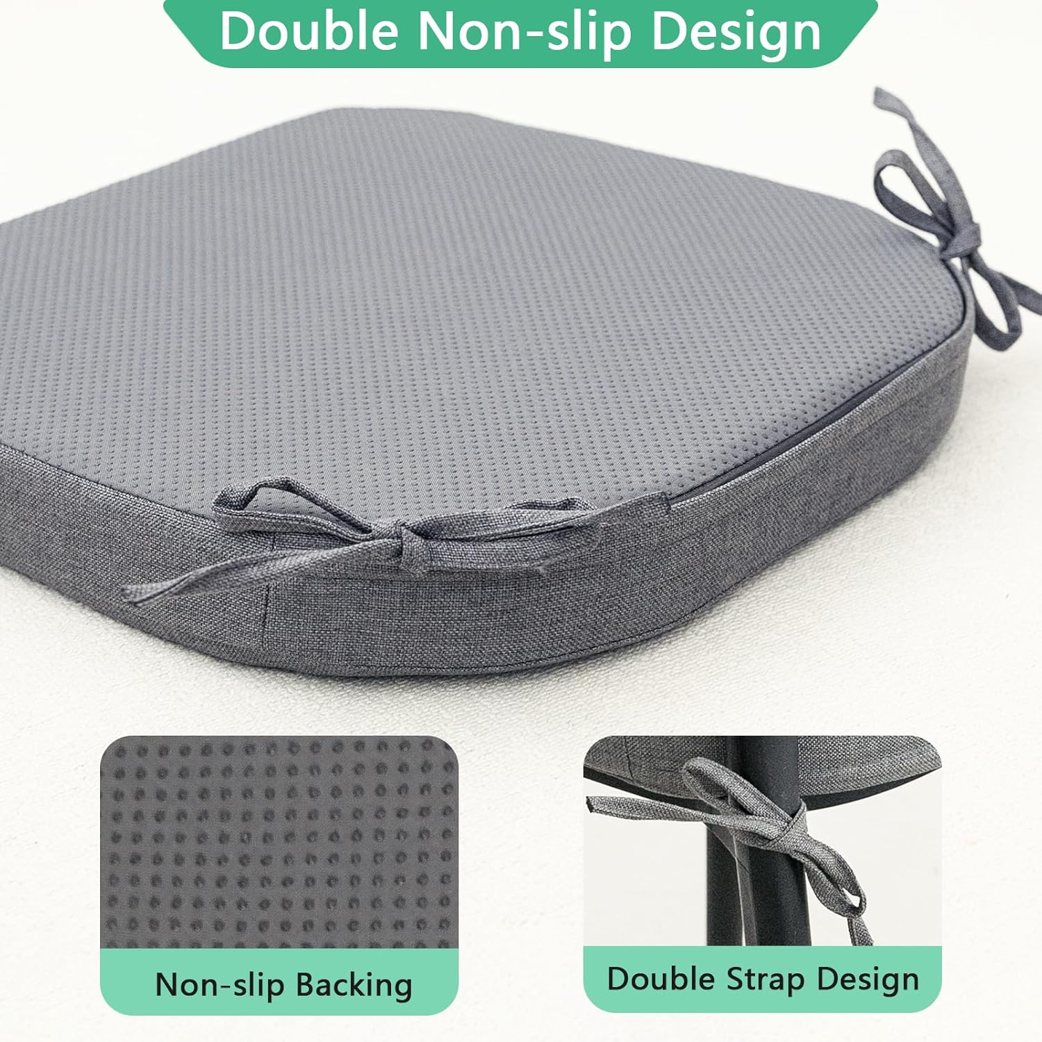 Helios&Hestia Indoor Dining Chair Cushions with Ties for Kitchen, Outdoor Seat Pads with Removable Cover, Non-Slip Bottom, Waterproof, High-Resilient Foam, 17" x 16" x 2", Set of 8, Dark Grey