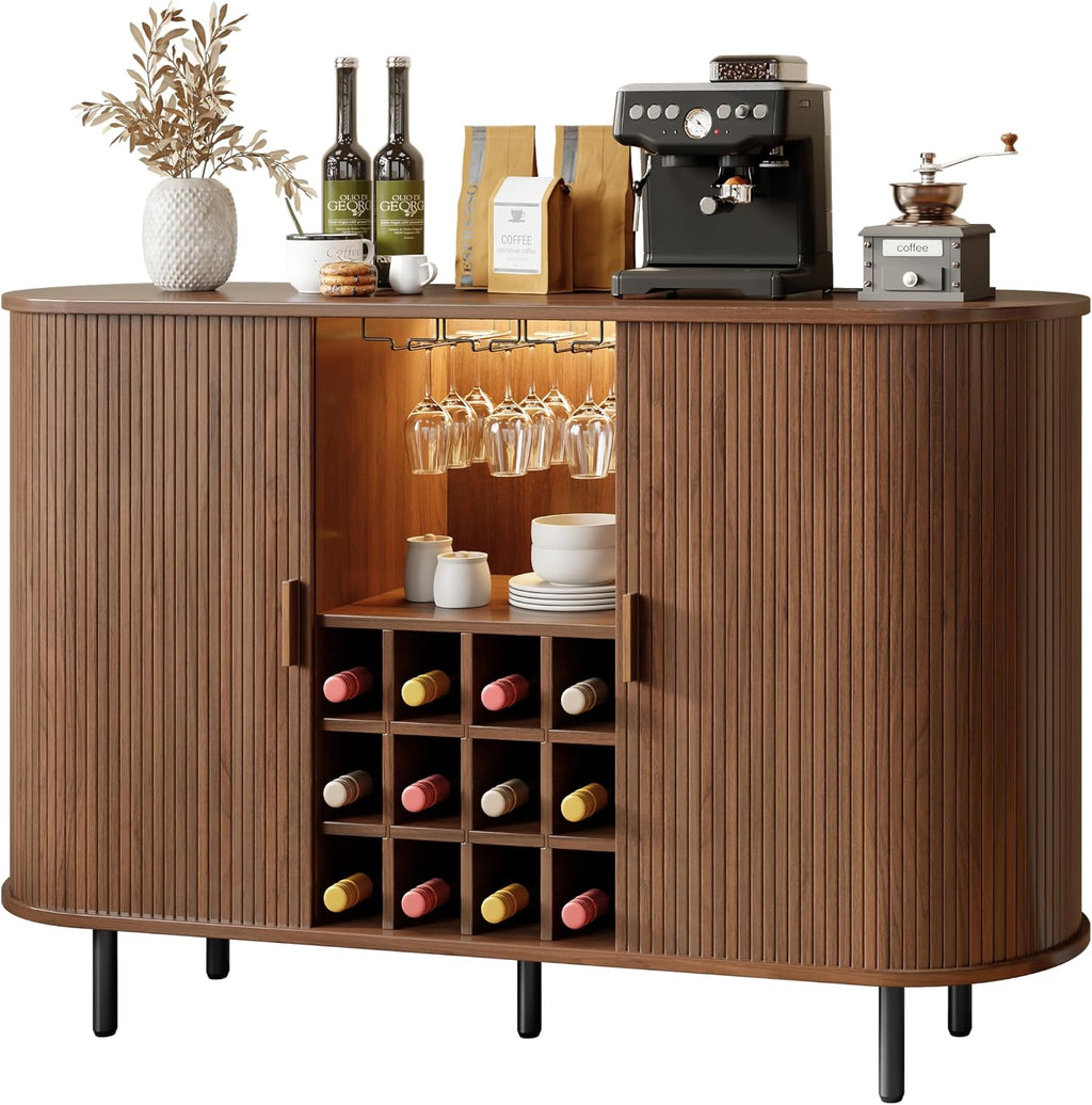 55" Wine Cabinet, Fluted Coffee Bar Cabinet with LED Light, Modern Liquor Coffee Station with Power Outlet, Wine Rack & Glass Holder, Sliding Door Buffet Sideboard Table for Kitchen, Entryway, Walnut